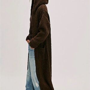 Free People Obi Boucle Long Cardi Hood Pockets Oversized Cardigan Sweater Coat